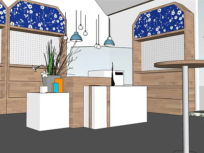 Modern Interior Design With Blue Floral Walls Wooden Structures White Counter Hanging Lamps Green Plants 3d model