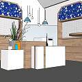 Modern Interior Design With Blue Floral Walls Wooden Structures White Counter Hanging Lamps Green Plants