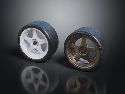 Two Stylish Tires With White And Bronze Wheel Rims On Reflective Dark Background 3d model