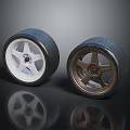 Two Stylish Tires With White And Bronze Wheel Rims On Reflective Dark Background
