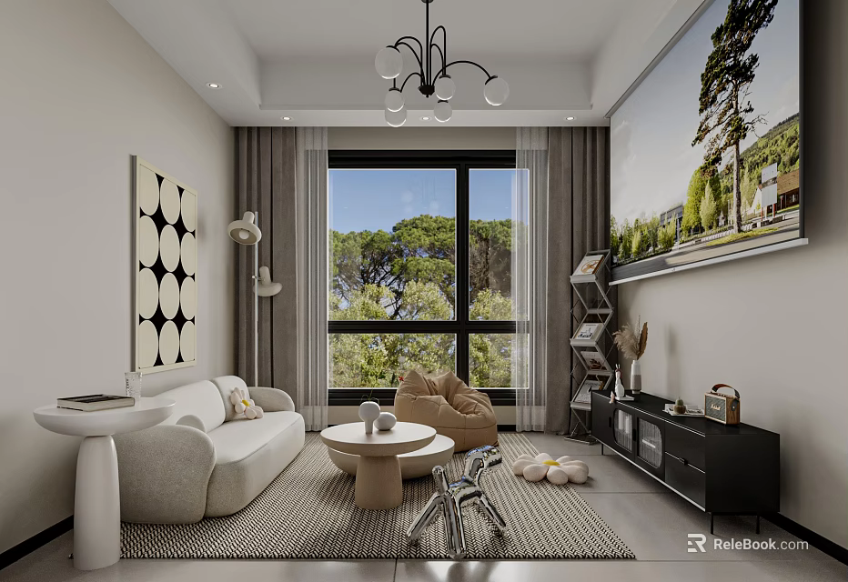 Elegant Modern Living Room Interior With Sofa Coffee Table Chandelier And Large Window View 3d model 