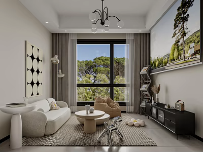 Elegant Modern Living Room Interior With Sofa Coffee Table Chandelier And Large Window View 3d model