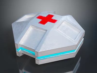 Silver Hexagonal Medical Container With Red Cross And Blue Glowing Strips 3d model