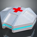 Silver Hexagonal Medical Container With Red Cross And Blue Glowing Strips 3d model