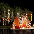 Decorative Golden Fish Display With Red Lanterns String Lights And Green Trees 3d model