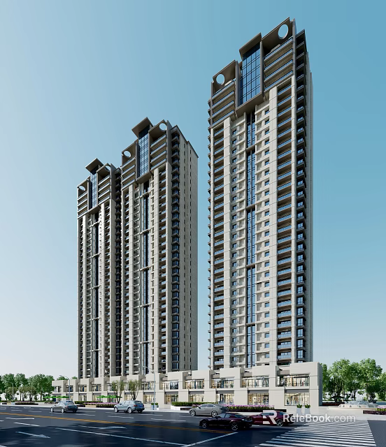 High Rise Residential Buildings With Modern Exterior Design Large Glass Windows Against Clear Blue Sky 3d model 