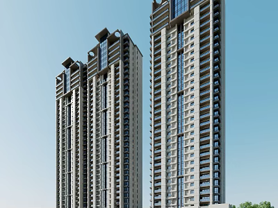 High Rise Residential Buildings With Modern Exterior Design Large Glass Windows Against Clear Blue Sky 3d model