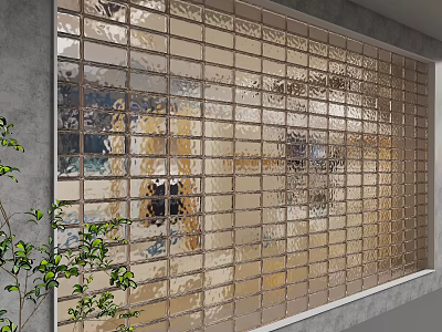 Modern Glass Block Background Wall With Light Reflection And Green Plant Decor 3d model