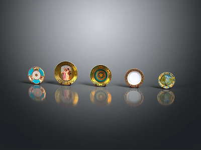 Colorful Decorative Household Plates With Unique Designs Various Patterns And Gold Accents 3d model