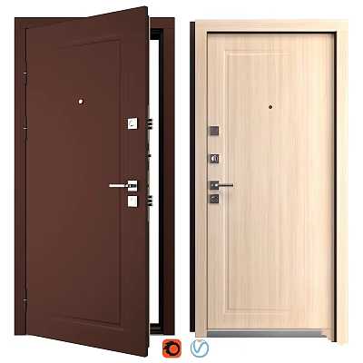 Dark Brown And Light Wood Hinged Doors With Metal Handles And Lock Details 3d model