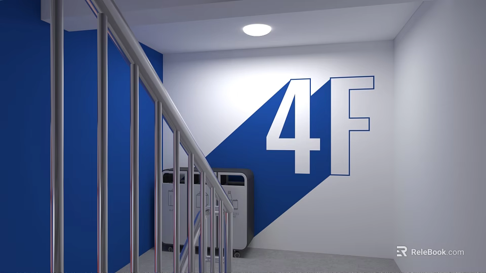 Public Office Area With 4F Sign Blue And White Walls Metal Railings And Vending Machines 3d model 
