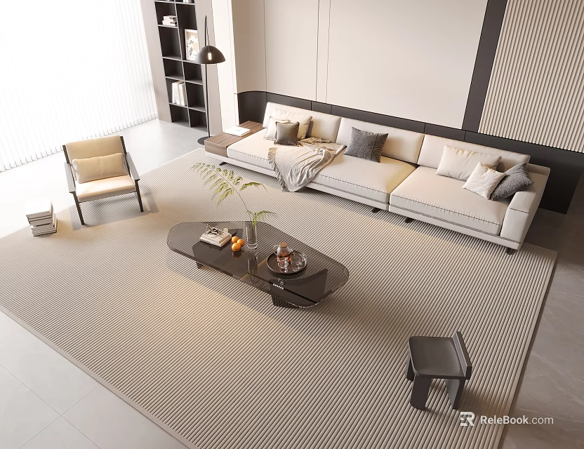 Modern Beige Sofa Coffee Table Combination With Gray Pillows And Area Rug 3d model