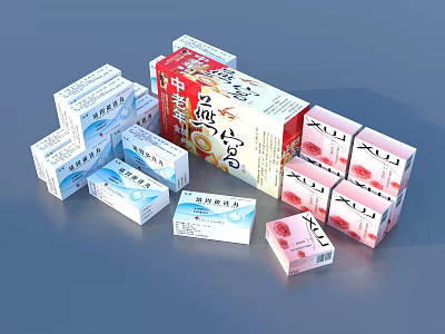 Various Health Care Daily Necessities With Red And White Packaging Boxes 3d model