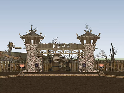 Traditional Rustic Entrance Gate with Stone Walls Wooden Towers Bell and Lanterns 3d model