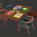 Wooden Dining Table Set With Four Chairs Tableware Placemats And Flower Vase