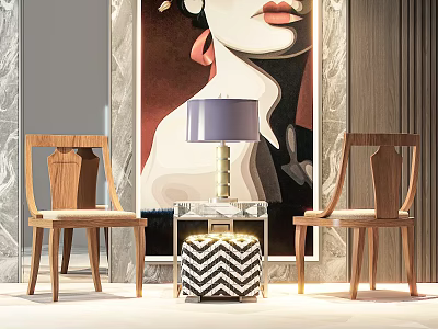 Modern Wooden Accent Chairs With Upholstered Seats Table Lamp Side Table And Artwork 3d model