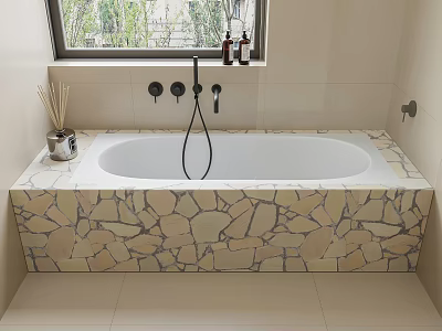 Stylish Bathtub with Stone Base and Black Faucet Near Window with Green Plants and Bottles 3d model