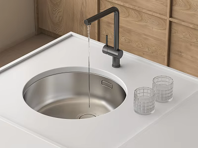 Stainless Steel Kitchen Sink With Black Faucet Running Water White Countertop Wooden Cabinets Glass Cups 3d model