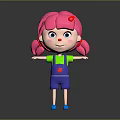 Cute Cartoon Character With Pink Hair Pigtails Red Accessory Green Top Blue Overalls Red Star