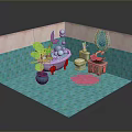 Bathroom Interior With Blue Tiles Pink Walls Bathtub Toilet Sink Mirror Plant And Pink Rug
