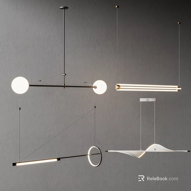 Modern Pendant Lights Featuring Circular Linear and Wave Shapes on Grey Wall 3d model