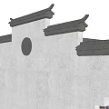 Traditional Chinese Architectural White Exterior Wall with Ornate Gray Tile Eaves and Circular Window