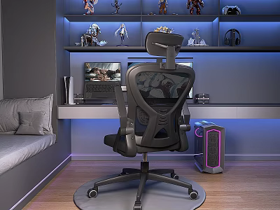 Ergonomic Office Chair With Mesh Back Headrest In Blue Lit Gaming Room Computer Setup 3d model