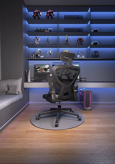 Ergonomic Office Chair With Mesh Back Headrest In Blue Lit Gaming Room Computer Setup 3d model