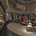 Elegant Modern Restaurant Interior With Chandelier Columns Marble Floor Tables And Chairs