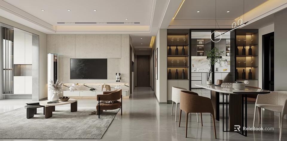 Modern Living and Dining Room Interior Design Featuring Open Layout Dining Table Chairs and Sofa 3d model