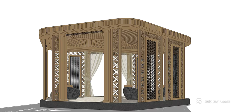 Traditional Wooden Pergola Design With Carved Columns Sheer Curtains And Decorative Baskets 3d model 