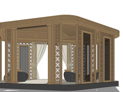 Traditional Wooden Pergola Design With Carved Columns Sheer Curtains And Decorative Baskets 3d model