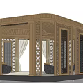 Traditional Wooden Pergola Design With Carved Columns Sheer Curtains And Decorative Baskets