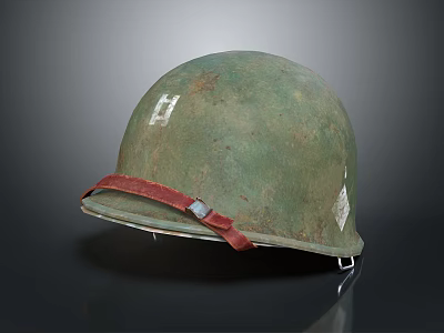 Worn Green Military Helmet With Red Strap And White Emblem Design Details 3d model
