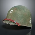 Worn Green Military Helmet With Red Strap And White Emblem Design Details