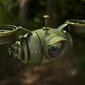 Smart Machine Flying Drone With Green Metallic Body Camera Lens And Propellers In Forest