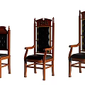 Elegant Wooden Frame Leisure Chairs With Black Leather Seats And Decorative Carved Backrests