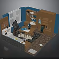 Study Room Interior Design With Wooden Desk Bookshelf Blackboard And Window