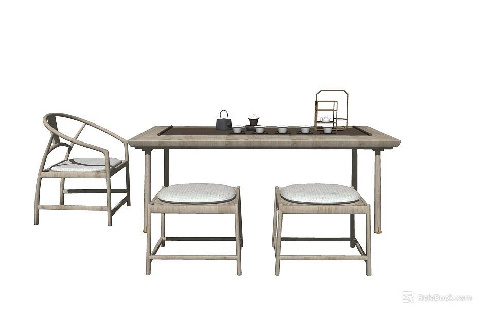 Traditional Tea Table and Chairs With Teapot Cups and Curved Armrest Wooden Design 3d model 