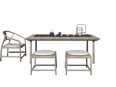 Traditional Tea Table and Chairs With Teapot Cups and Curved Armrest Wooden Design 3d model