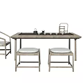 Traditional Tea Table and Chairs With Teapot Cups and Curved Armrest Wooden Design