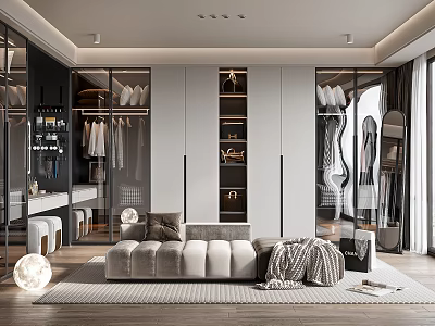 Elegant Modern Walk-in Closet Interior With Glass Door Cabinets Sofa Mirror And Rug 3d model