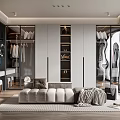 Elegant Modern Walk-in Closet Interior With Glass Door Cabinets Sofa Mirror And Rug