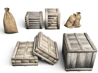 Ancient Scene With Stacked Wooden Crates And Sack Bags In Historical Setting 3d model