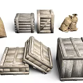 Ancient Scene With Stacked Wooden Crates And Sack Bags In Historical Setting