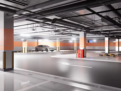 Modern Well lit Indoor Parking Garage With Car Parked Directional Arrows And Floor Markings 3d model