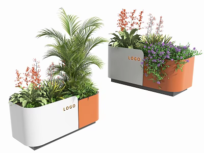 Potted Plants In Modern White Orange Planters With Mixed Green Foliage Red Purple Flowers Logo 3d model