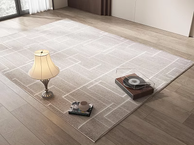 Square Rug in Modern Room with Table Lamp Record Player Books and Coffee Cup 3d model