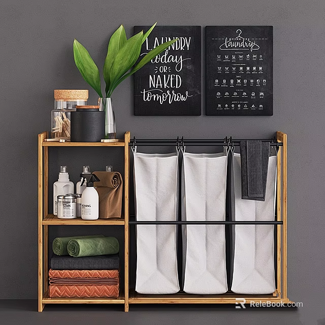 Bamboo Laundry Organizer Rack With Supplies Towels Storage Bags And Green Plant 3d model 