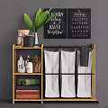 Bamboo Laundry Organizer Rack With Supplies Towels Storage Bags And Green Plant